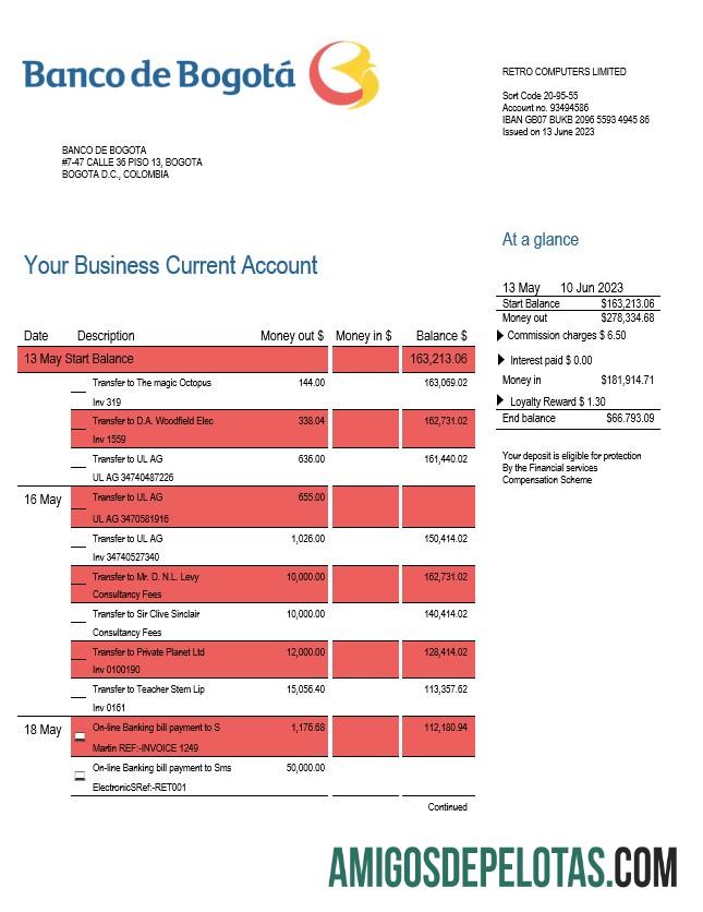 Em branco Banco De Bogotá Enterprise Account Statement Word And PDF modelo